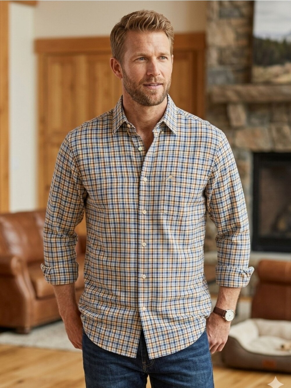 Orvis Blue, Rust, Yellow and White Plaid Long-Sleeve Button-Down Shirt
